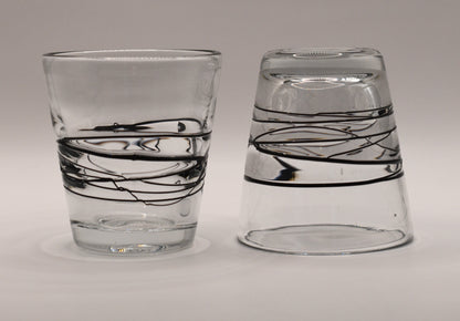 Uzu Clear and black fused handblown lowball glasses. Set of 2