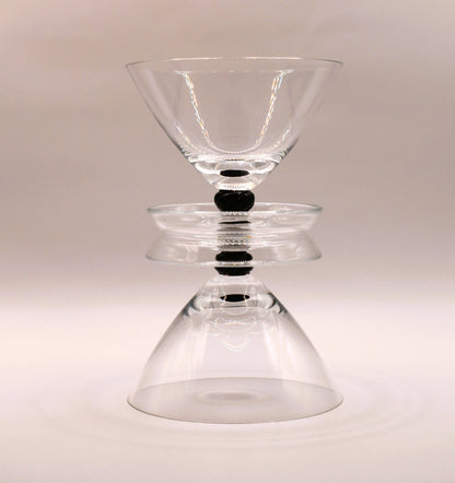 clear glass footed dessert bowl with balck ball stem. Champagne Coupe. Set of 5