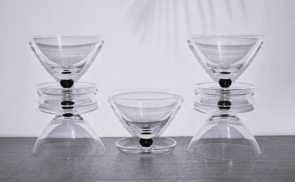 clear glass footed dessert bowl with balck ball stem. Champagne Coupe. Set of 5