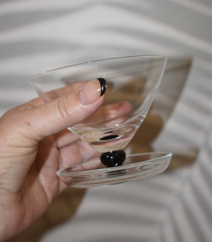 clear glass footed dessert bowl with balck ball stem. Champagne Coupe. Set of 5