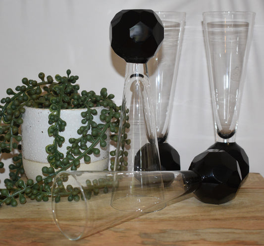 Champagne Flutes - Stemless - Black faceted Ball foot. Set of 4