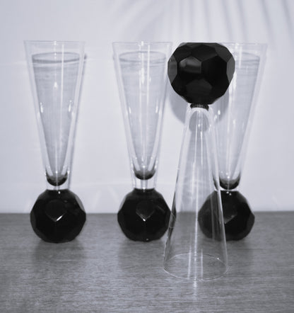 Champagne Flutes - Stemless - Black faceted Ball foot. Set of 4