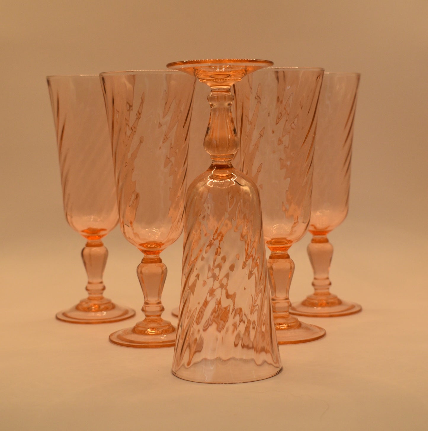 Set of 4 French Vintage Pink Swirl Champagne Flutes / Rosaline Pink Swirl / Pink Glasses