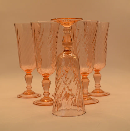 Set of 4 French Vintage Pink Swirl Champagne Flutes / Rosaline Pink Swirl / Pink Glasses