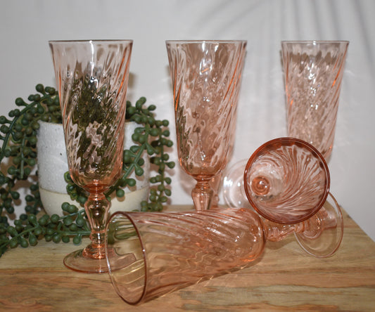 Set of 4 French Vintage Pink Swirl Champagne Flutes / Rosaline Pink Swirl / Pink Glasses