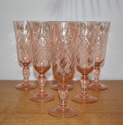 Set of 4 French Vintage Pink Swirl Champagne Flutes / Rosaline Pink Swirl / Pink Glasses