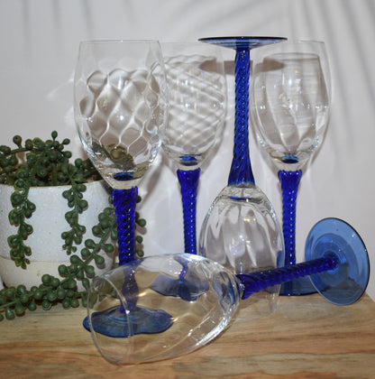 Vintage Blue Wine Glasses. Set of 5. Blue twisted stem and optical swirl bowl.