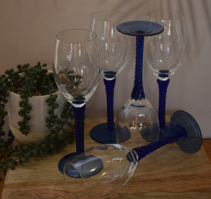 Vintage Blue Wine Glasses. Set of 5. Blue twisted stem and optical swirl bowl.