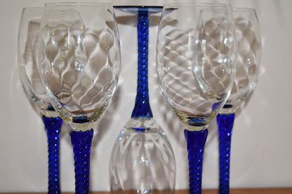 Vintage Blue Wine Glasses. Set of 5. Blue twisted stem and optical swirl bowl.