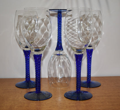 Vintage Blue Wine Glasses. Set of 5. Blue twisted stem and optical swirl bowl.