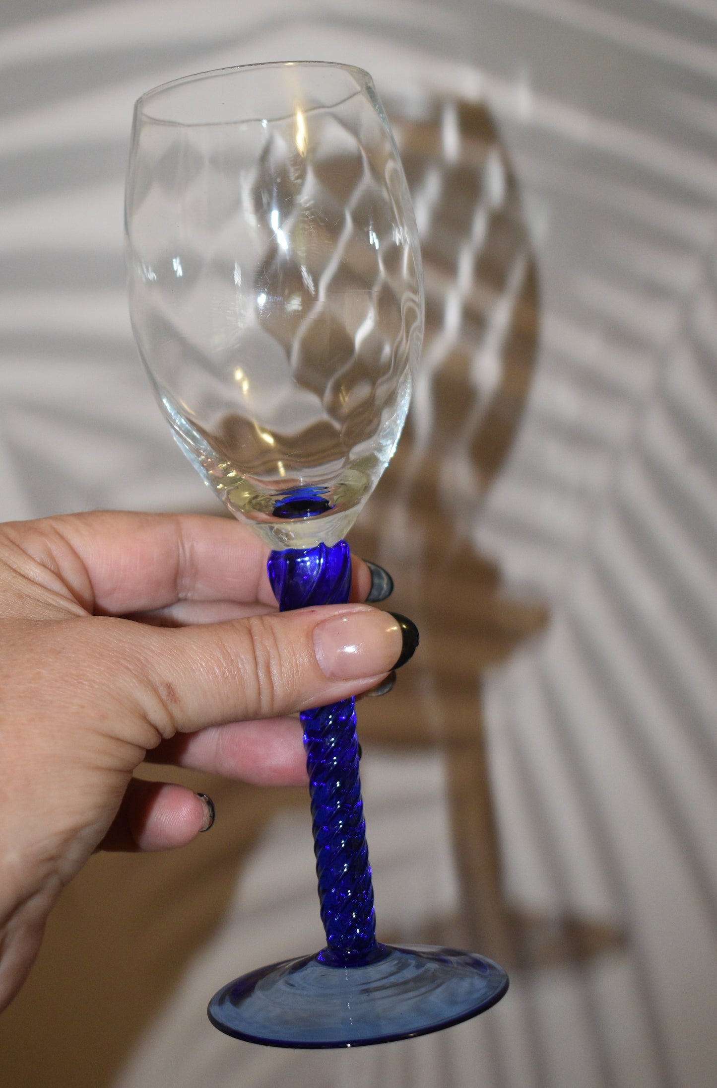 Vintage Blue Wine Glasses. Set of 5. Blue twisted stem and optical swirl bowl.