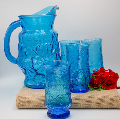 Anchor Hocking Rainflower Blue Pitcher And Glasses