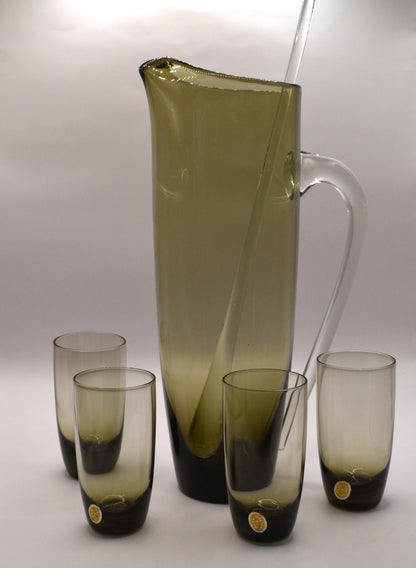 Smokey brown cocktail pitcher with 4 small tumblers. Made in Poland