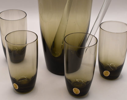 Smokey brown cocktail pitcher with 4 small tumblers. Made in Poland