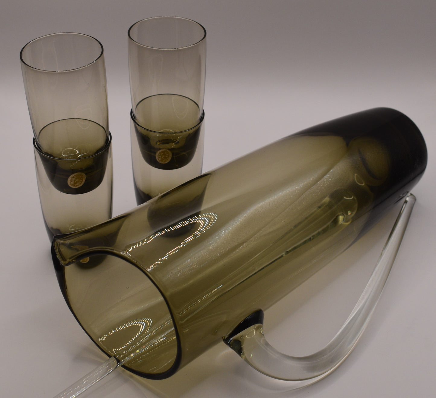 Smokey brown cocktail pitcher with 4 small tumblers. Made in Poland