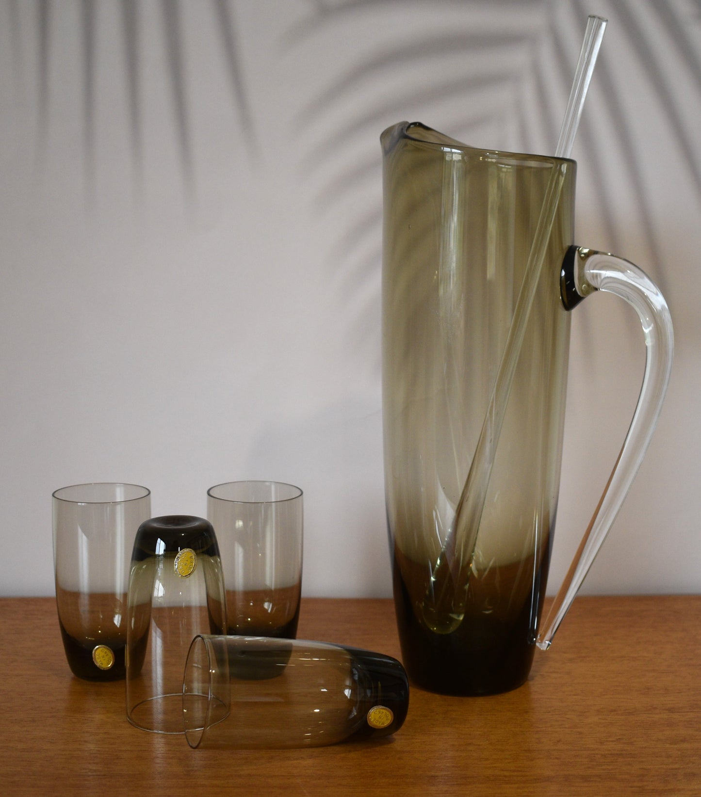 Smokey brown cocktail pitcher with 4 small tumblers. Made in Poland