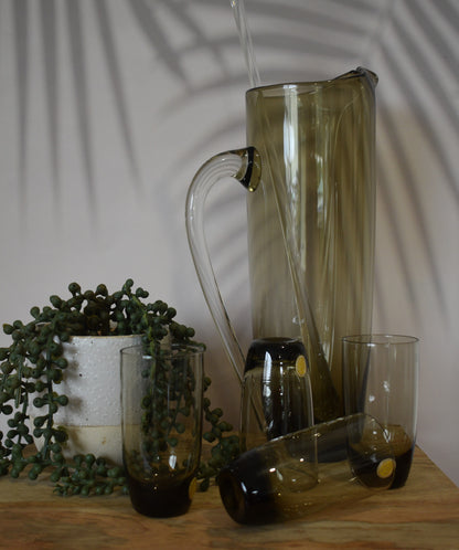 Smokey brown cocktail pitcher with 4 small tumblers. Made in Poland