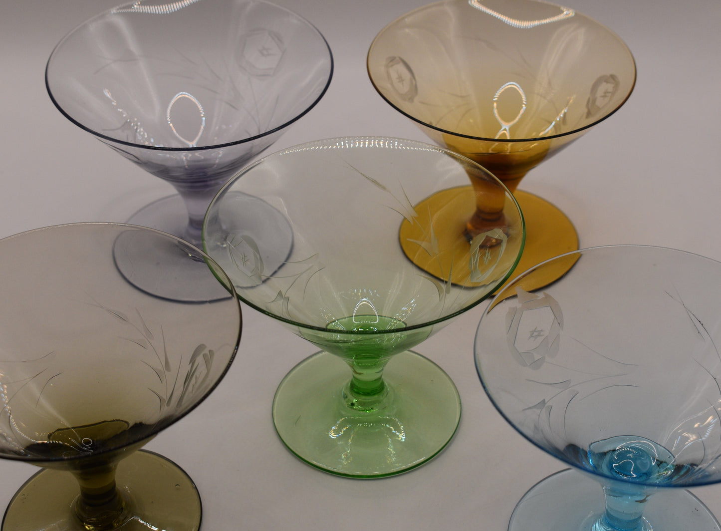 Short stemmed etched Harlequin Cocktail glasses. Set of 5