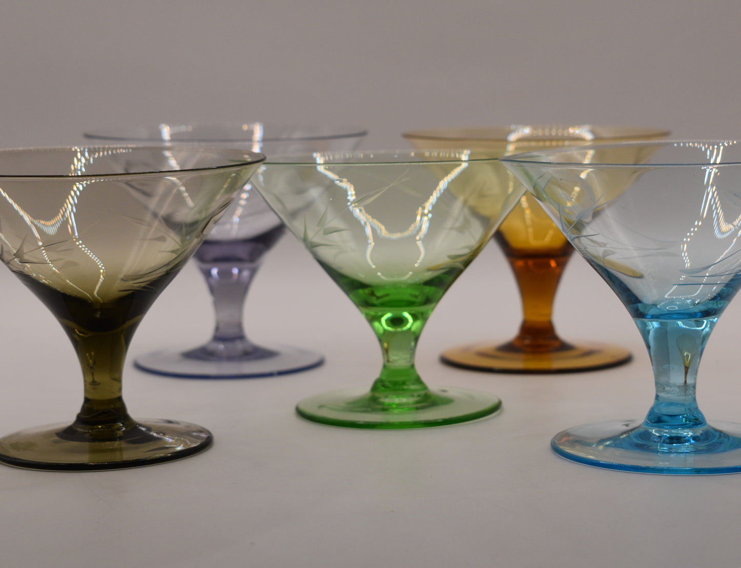 Short stemmed etched Harlequin Cocktail glasses. Set of 5