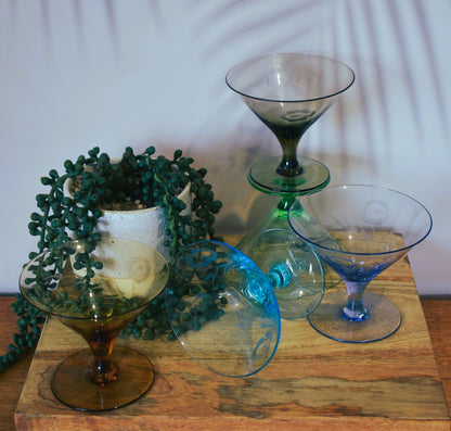 Short stemmed etched Harlequin Cocktail glasses. Set of 5