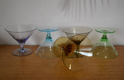 Short stemmed etched Harlequin Cocktail glasses. Set of 5