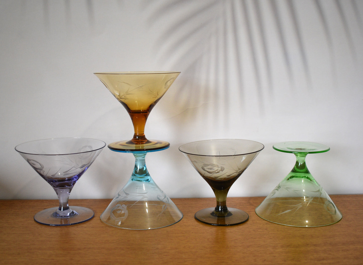 Short stemmed etched Harlequin Cocktail glasses. Set of 5