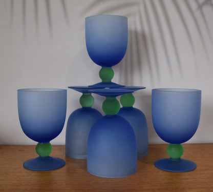 Funky Blue and Green Frosted Glass Cocktail set. Jug and 6 goblets