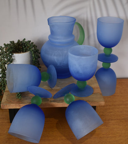 Funky Blue and Green Frosted Glass Cocktail set. Jug and 6 goblets