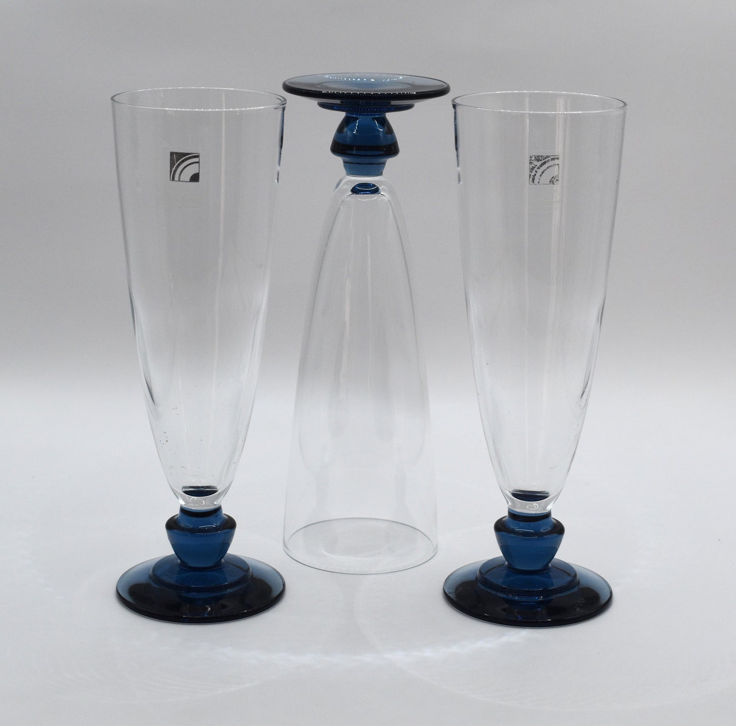 Set of 3 festive vintage Florian Bleu Canova champagne glasses from the Light and Music series, by Luigi Bormioli, Italy 1990s