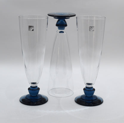 Set of 3 festive vintage Florian Bleu Canova champagne glasses from the Light and Music series, by Luigi Bormioli, Italy 1990s