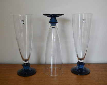 Set of 3 festive vintage Florian Bleu Canova champagne glasses from the Light and Music series, by Luigi Bormioli, Italy 1990s