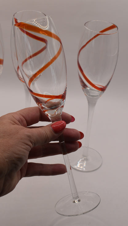 Champagne Glasses / Pier 1 Red Swirline Glasses / Hand Blown Glasses / Vintage Pier 1 Glassware -  Champagne Flute / Red Ribbon Glasses. Set of 4