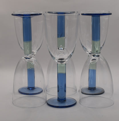 Wine goblets with two toned stem. Blue and green stem wine glasses. Set of 6