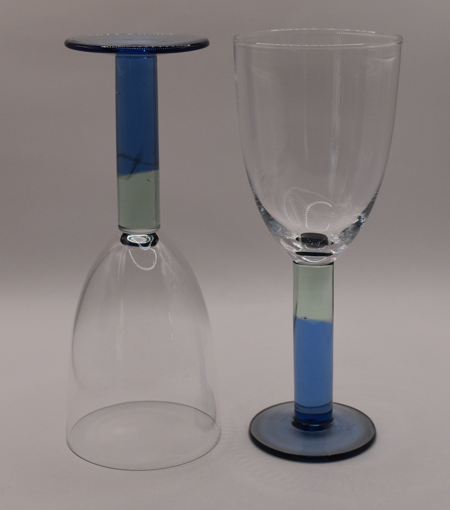 Wine goblets with two toned stem. Blue and green stem wine glasses. Set of 6