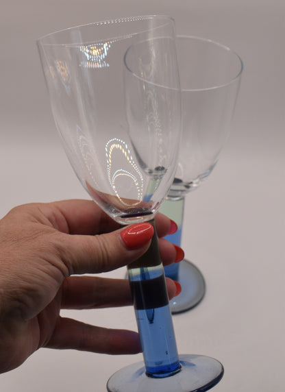 Wine goblets with two toned stem. Blue and green stem wine glasses. Set of 6