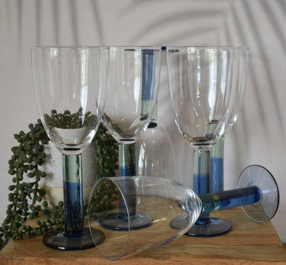 Wine goblets with two toned stem. Blue and green stem wine glasses. Set of 6