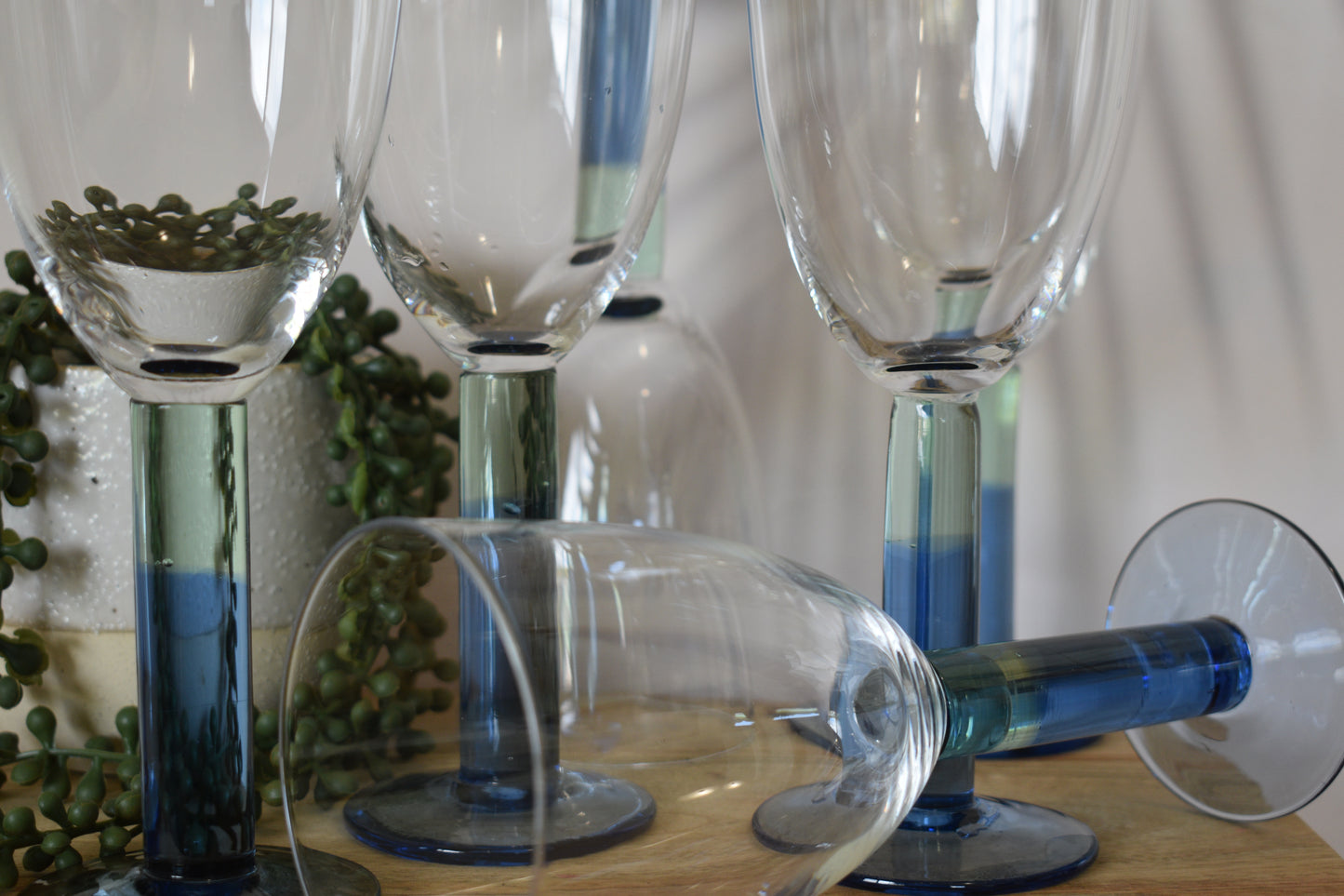 Wine goblets with two toned stem. Blue and green stem wine glasses. Set of 6