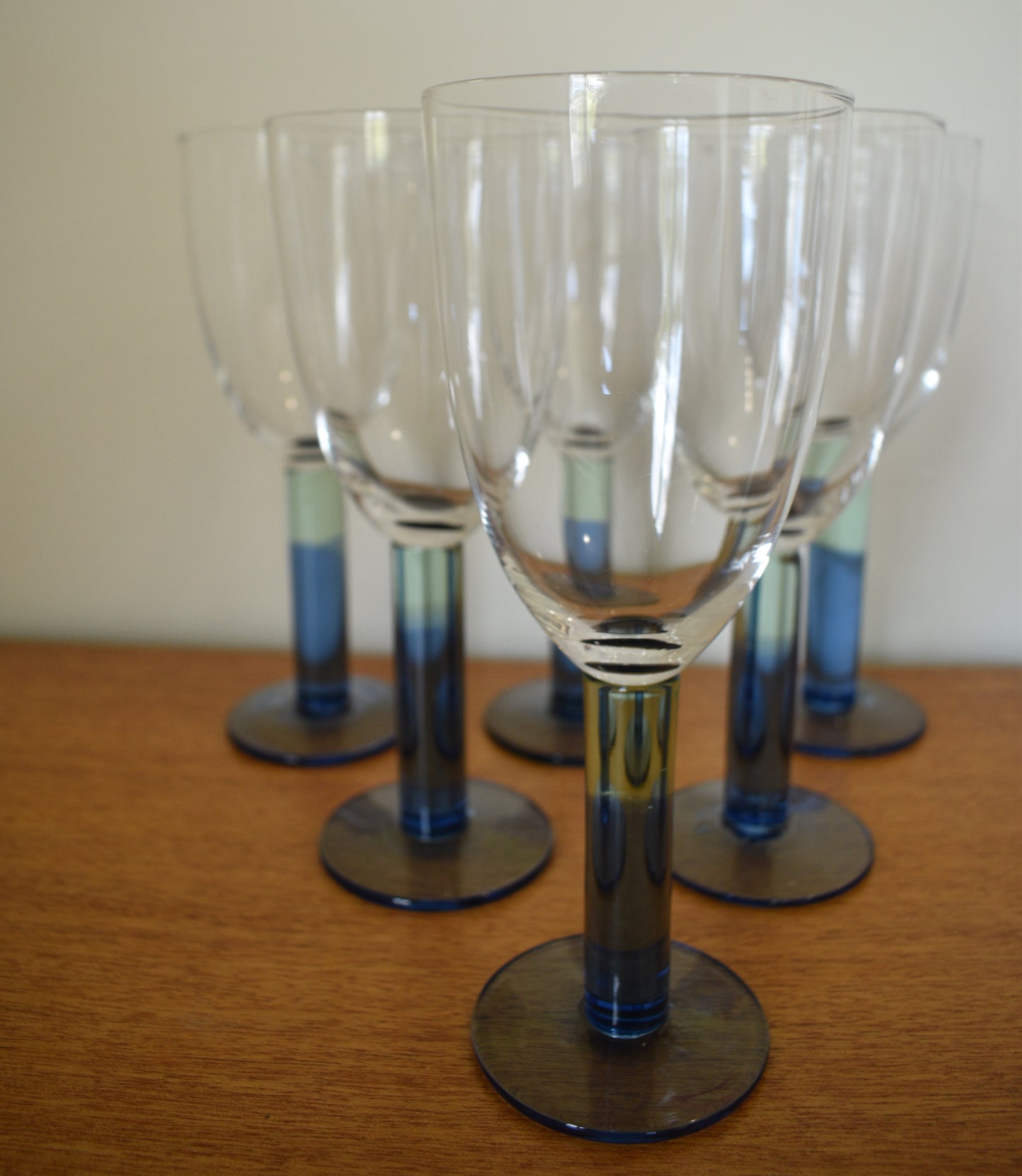 Wine goblets with two toned stem. Blue and green stem wine glasses. Set of 6