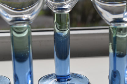 Wine goblets with two toned stem. Blue and green stem wine glasses. Set of 6