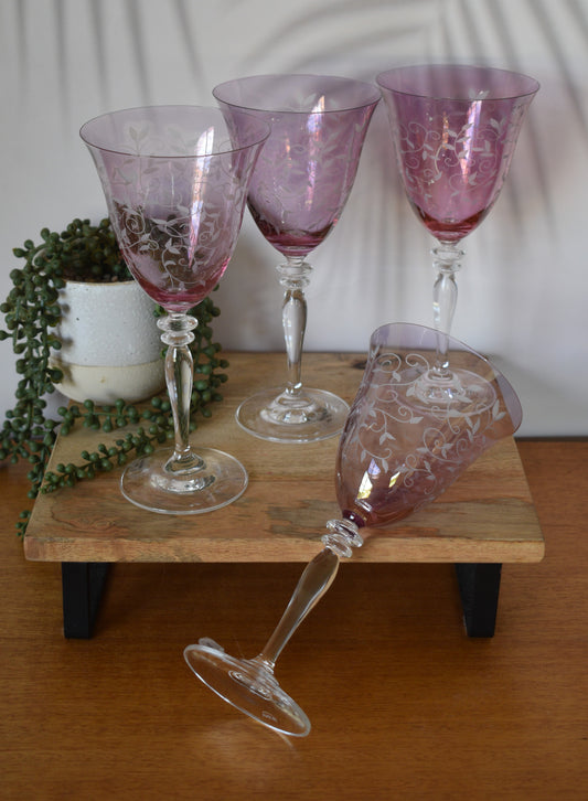 RONA wine glasses hand made in Slovakia. Pink Glassware. Etched leaf and vine. Set of 4