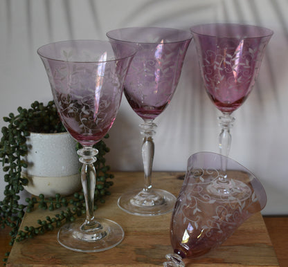 RONA wine glasses hand made in Slovakia. Pink Glassware. Etched leaf and vine. Set of 4