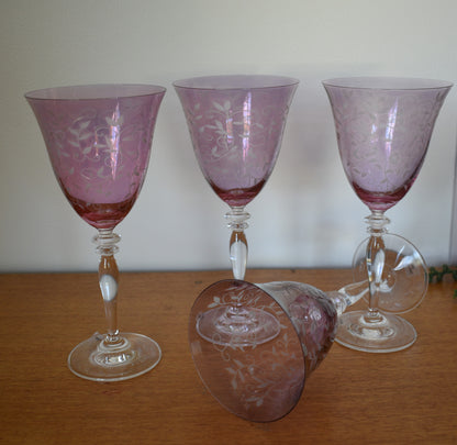 RONA wine glasses hand made in Slovakia. Pink Glassware. Etched leaf and vine. Set of 4