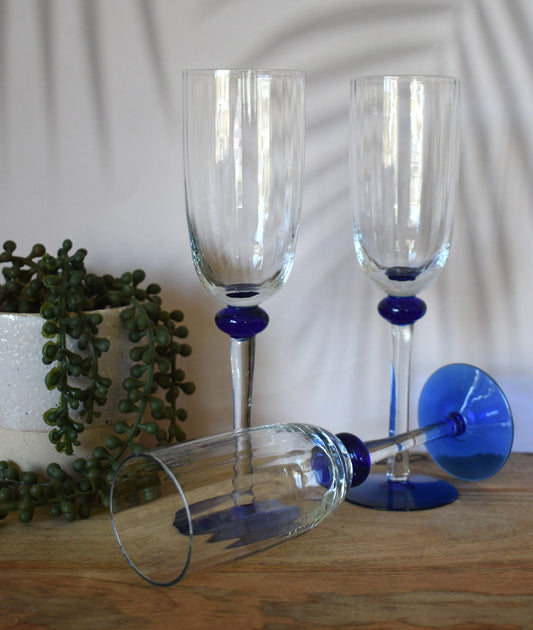 Champagne Flutes with blue foot. set of 3