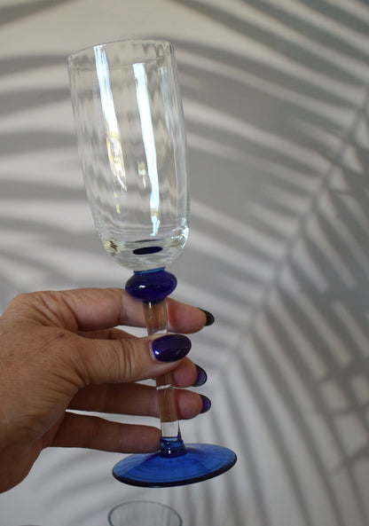 Champagne Flutes with blue foot. set of 3