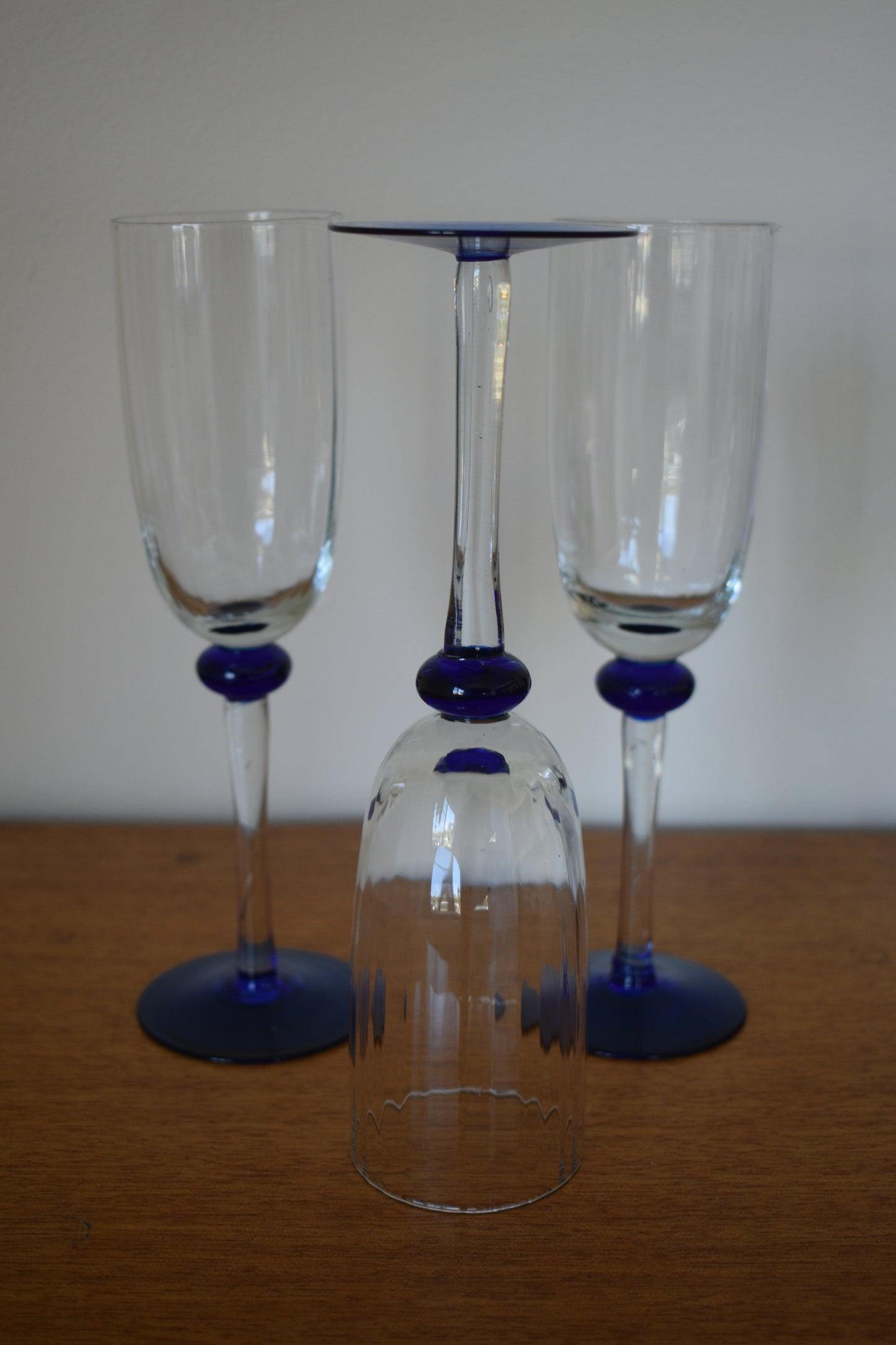 Champagne Flutes with blue foot. set of 3