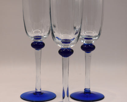 Champagne Flutes with blue foot. set of 3