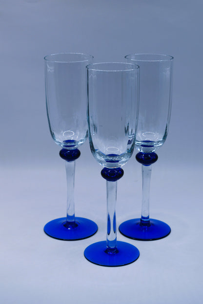 Champagne Flutes with blue foot. set of 3