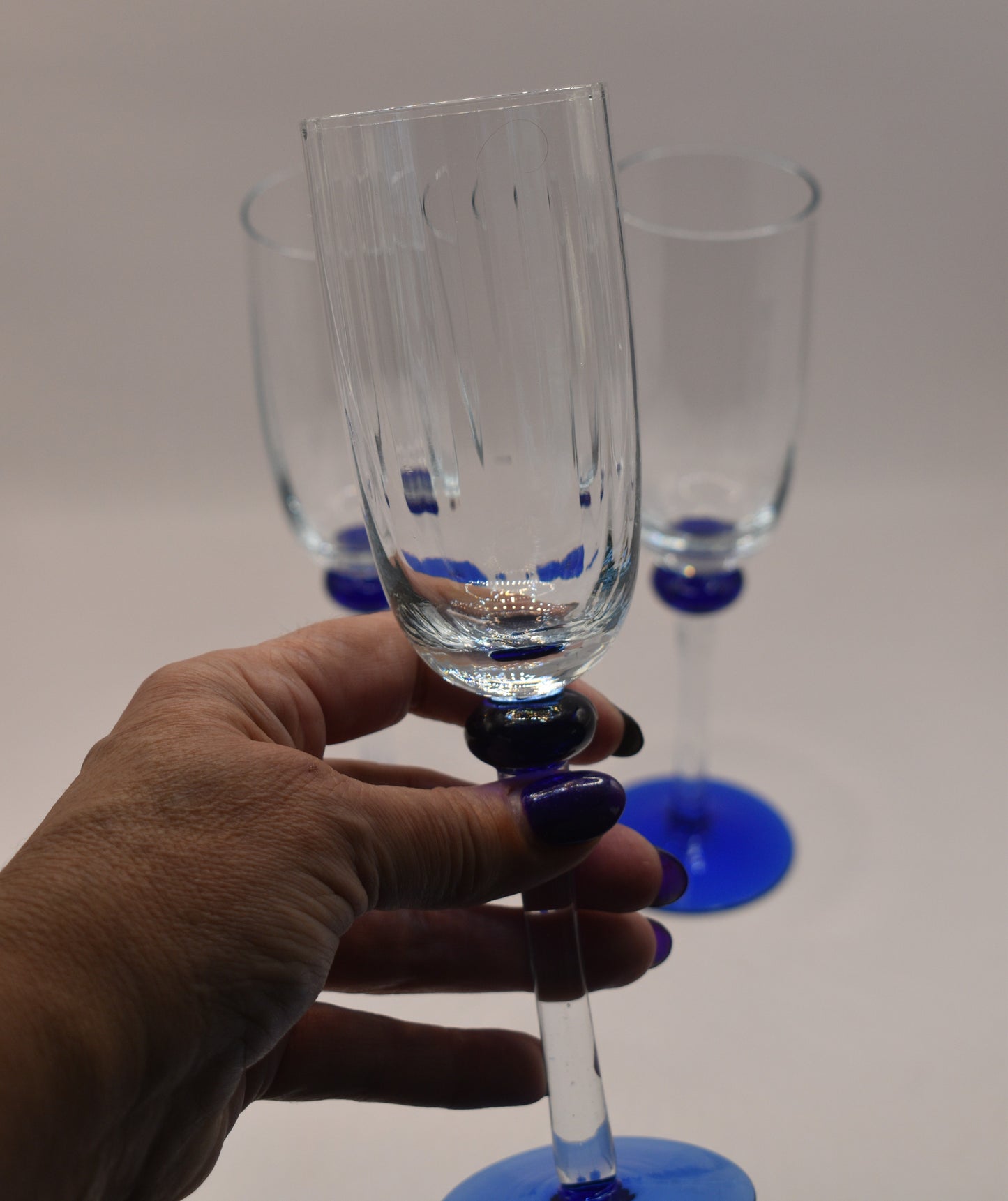 Champagne Flutes with blue foot. set of 3