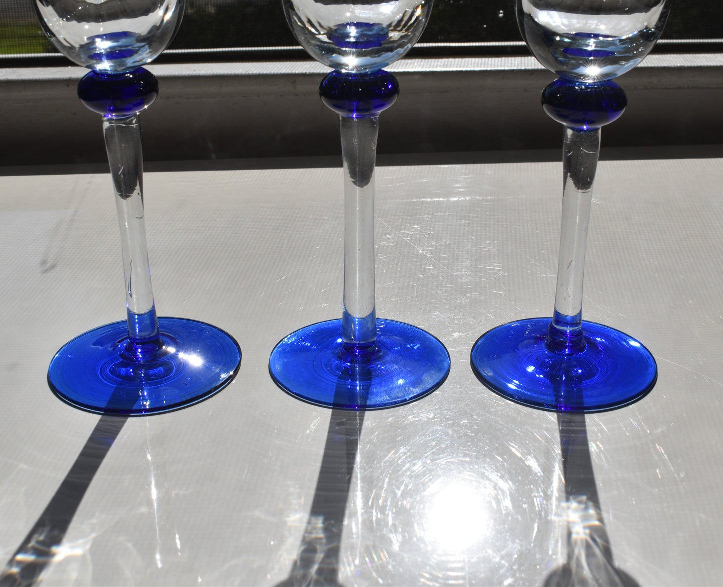 Champagne Flutes with blue foot. set of 3