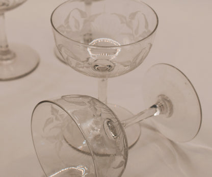 Vintage fern etched champagne coupes. Set of 4